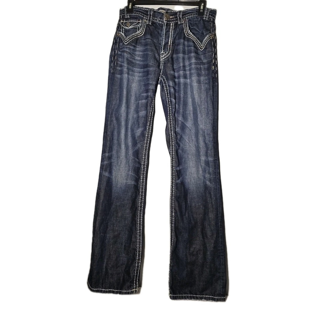 MEK BUCKLE Midar Boot Cut Button Fly Heavy Stitching Jeans Sz 31/34 Y2K Rock